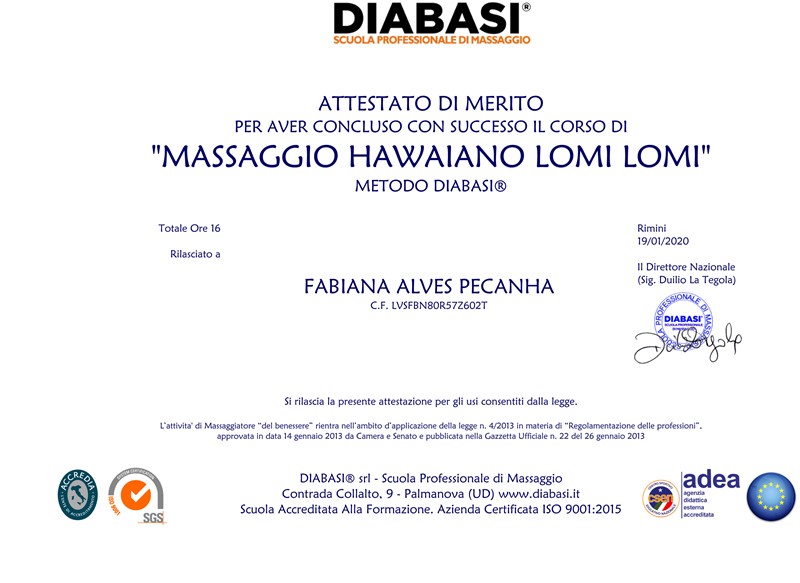 ATTESTATO MASSAGGIO HAWAIANO LOMI LOMI